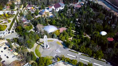 aerial view of a park with a monument