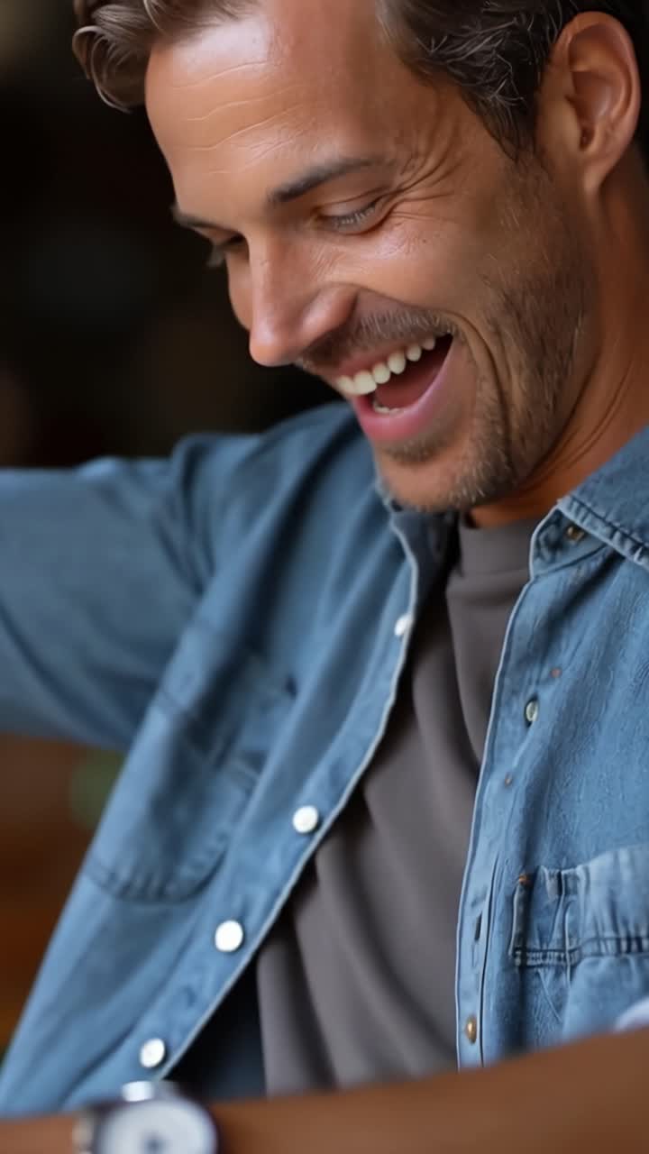 Un uomo sorride calorosamente mentre indossa una giacca di jeans. Ride dolcemente, gli occhi che si increspano di gioia. Un'illuminazione calda evidenzia la sua espressione rilassata e felice. Ideale per contenuti su stile di vita, viaggi o business.