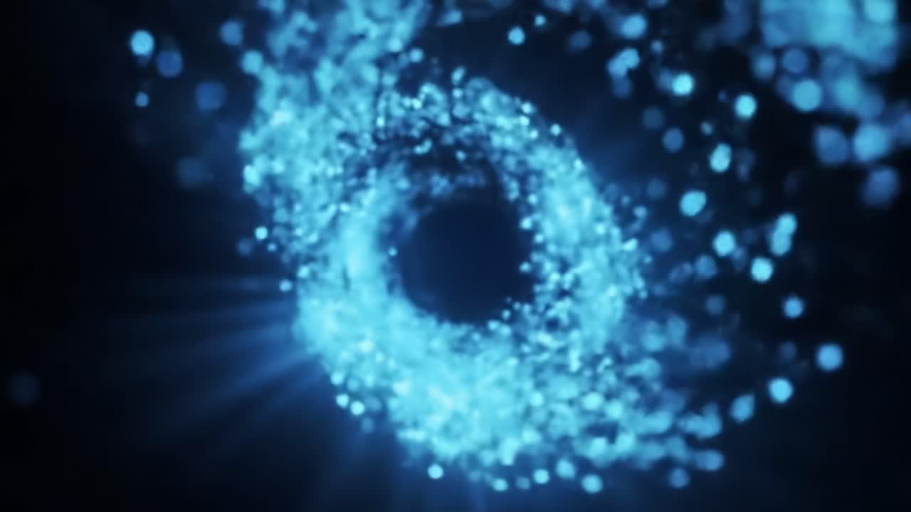 Experience an immersive display of swirling blue particles, creating mesmerizing patterns in a cosmic environment.