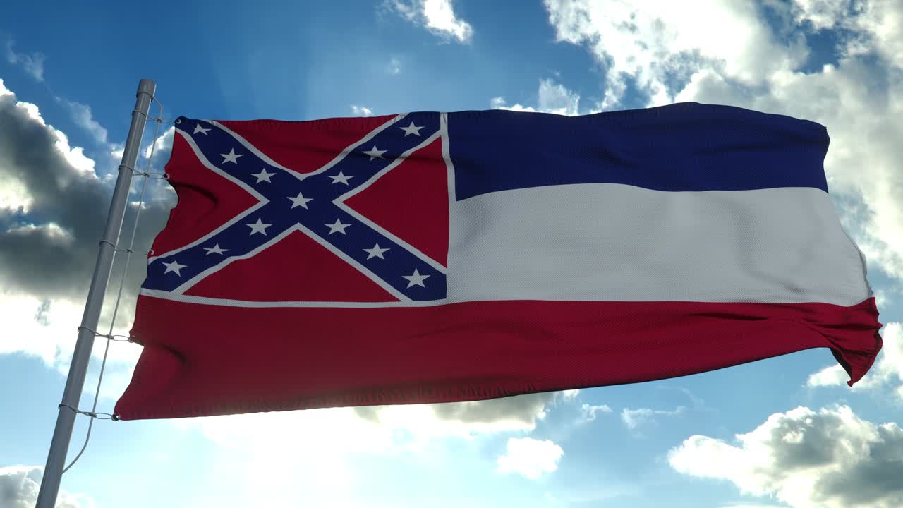 미시시피 발은 바람에 흔들리는 발 기둥에, 파란 하늘 배경.