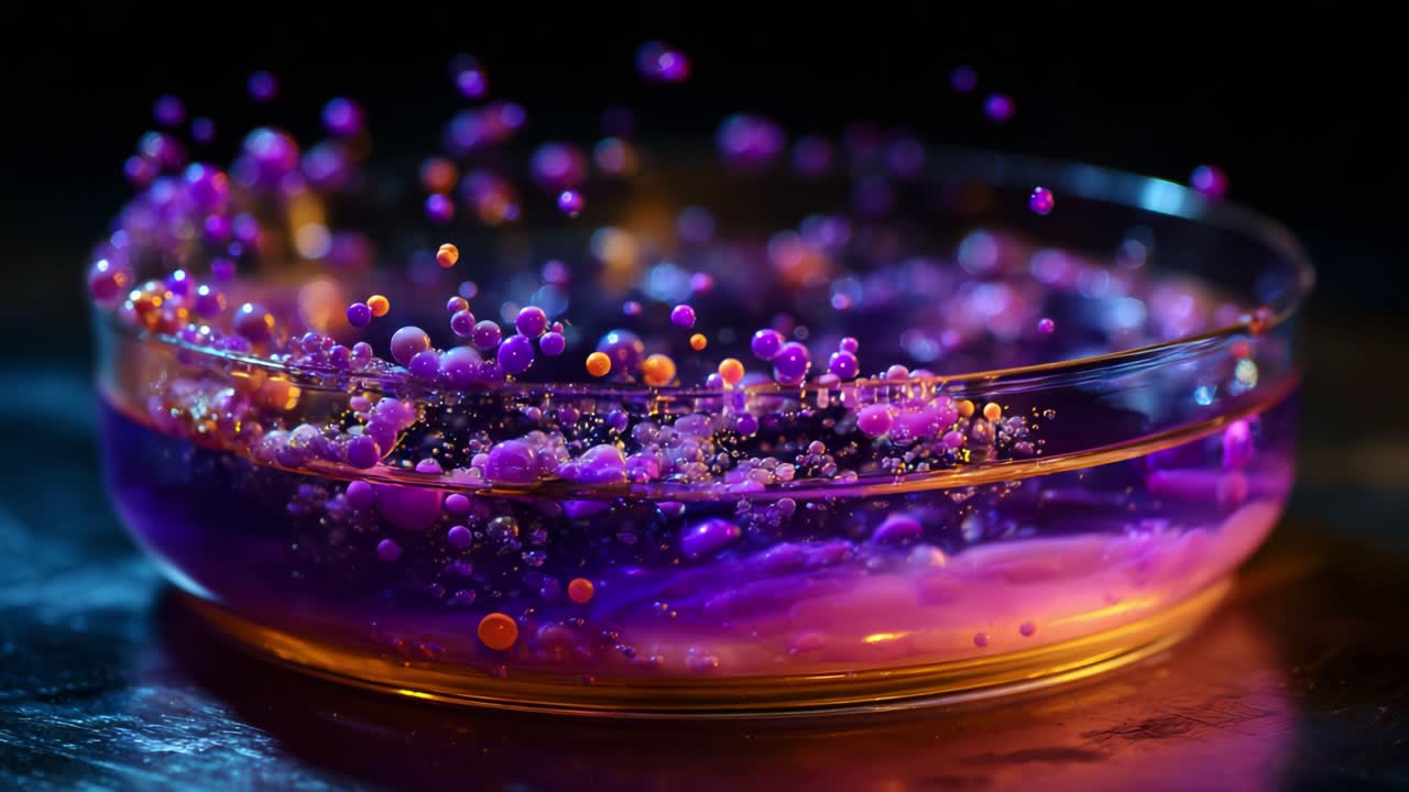 A Dynamic Study of Purple Fluid Motion: Captivating Close-Up of Colorful Droplets and Bubbles in a Petri Dish Illustrating Vivid Interaction of Viscous Liquids