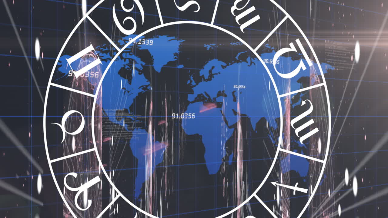 animación de los signos del zodiaco sobre el procesamiento de datos y el mapa del mundo sobre fondo negro