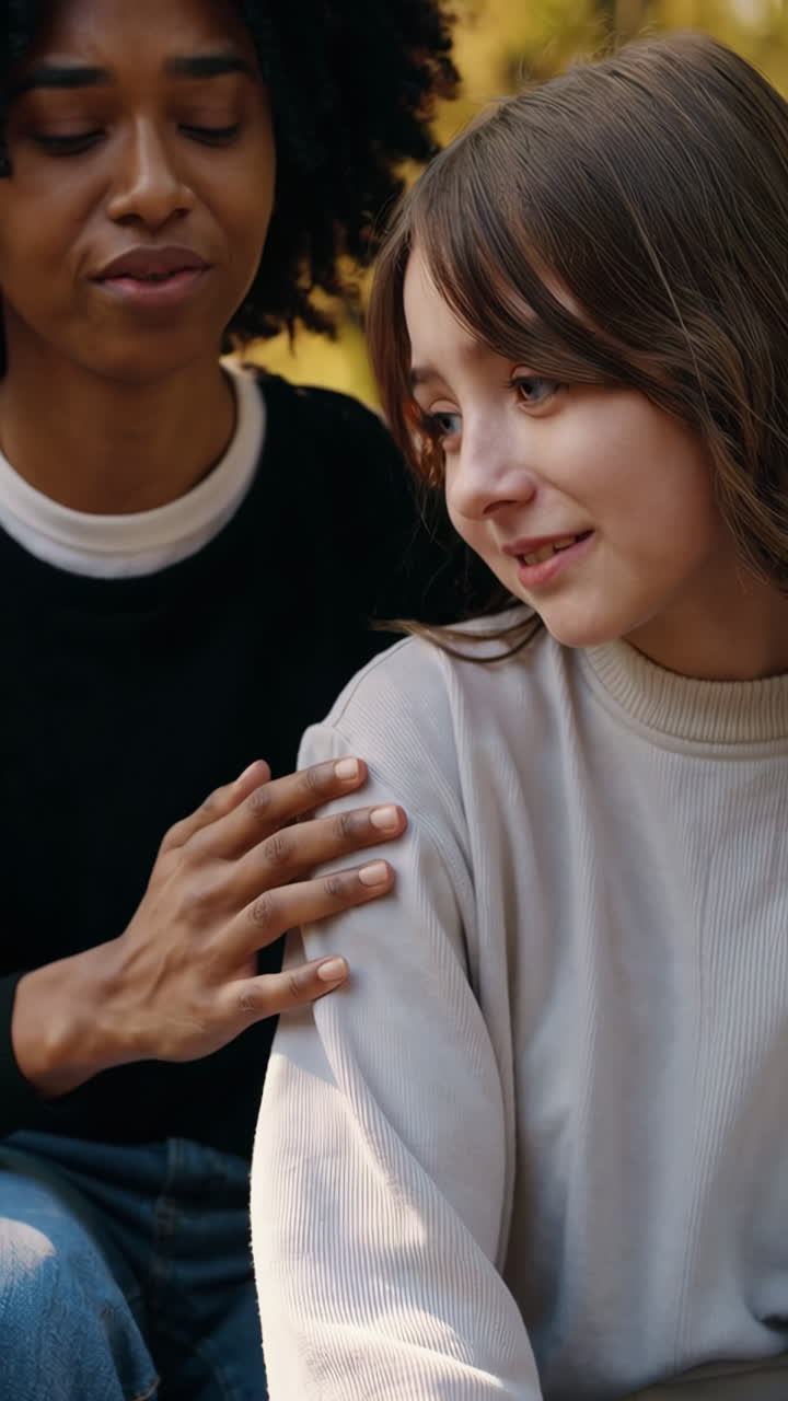 Friends Supporting Each Other in Autumn Park