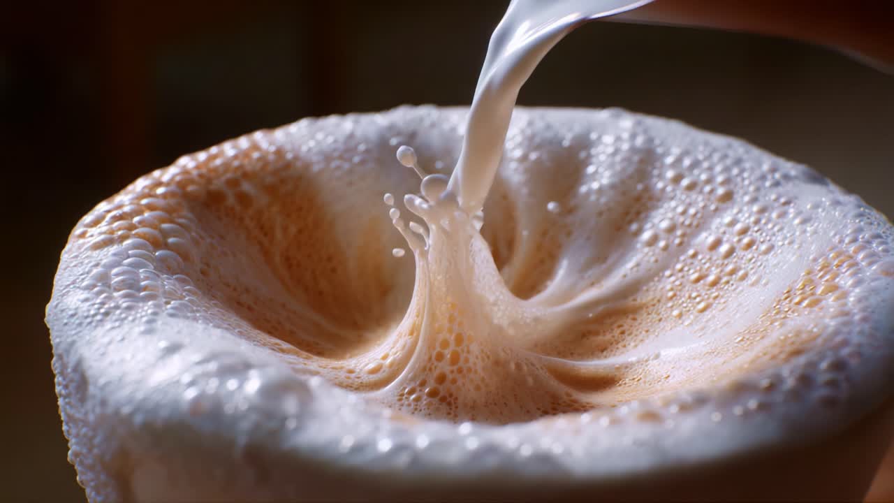Fesselnder Prozess, wie Milch in ein schäumendes Getränk gegossen wird und ein Wirbel aus cremiger Textur und Bläschen in einer ansprechenden Nahaufnahme entsteht