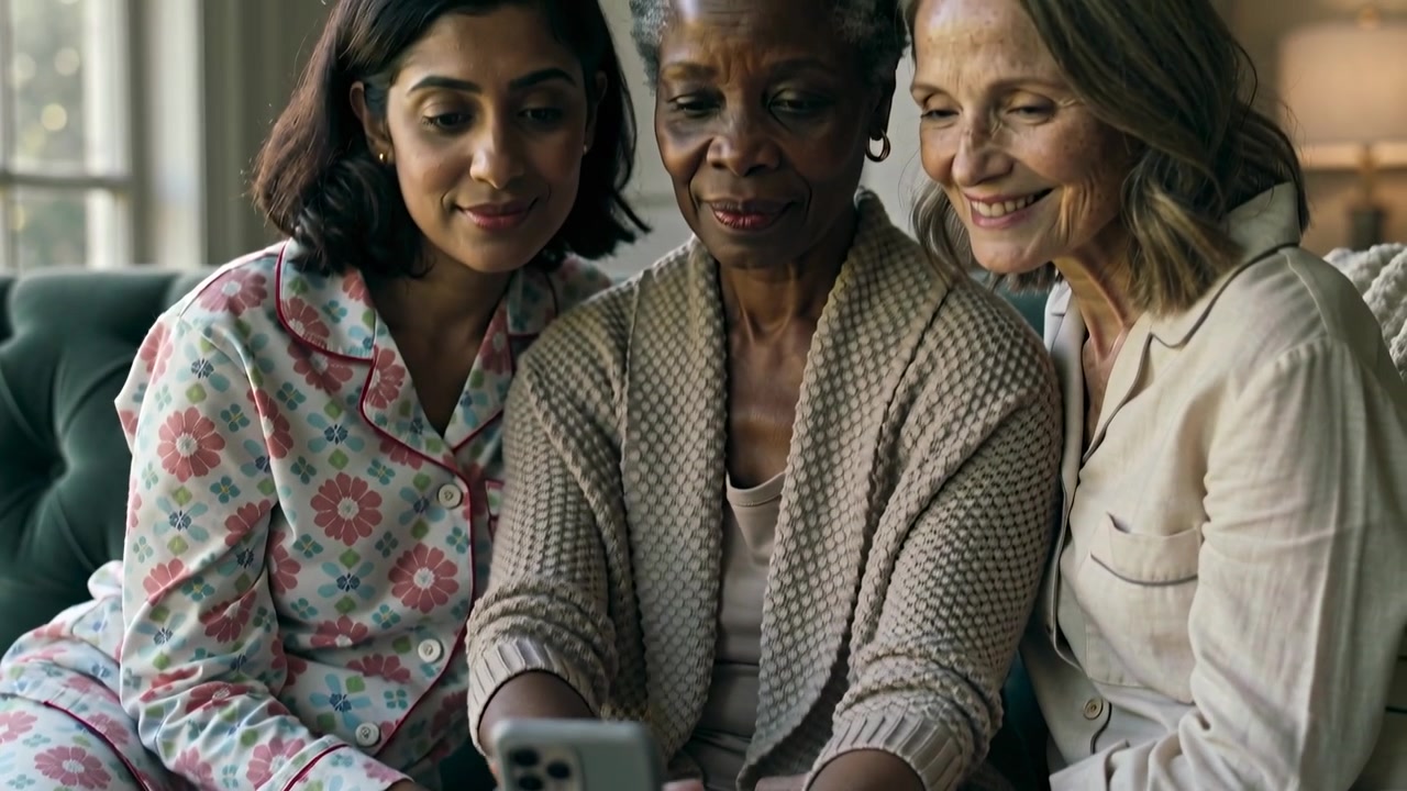 Holding center woman showing smartphone on couch, left in floral pjs reaching, trio sharing photos