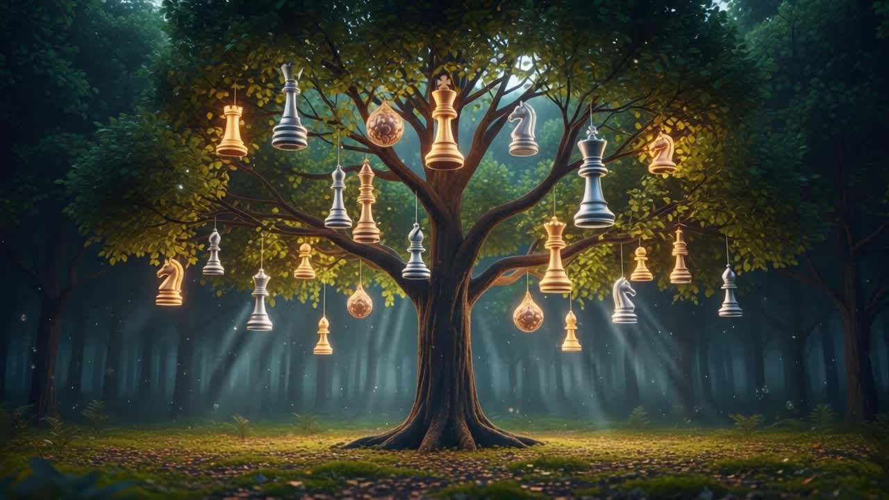 An Enchanted Forest Grove Featuring a Majestic Tree Adorned with Glimmering Chess Pieces, Creating a Unique Blend of Strategy and Nature in a Magical Atmosphere