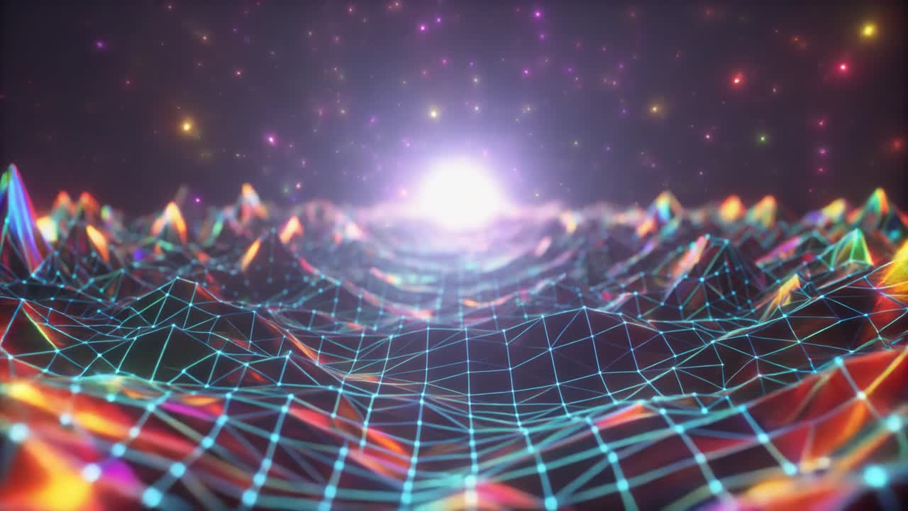 Abstract Digital Network Grid with Bright Light and Starry Sky