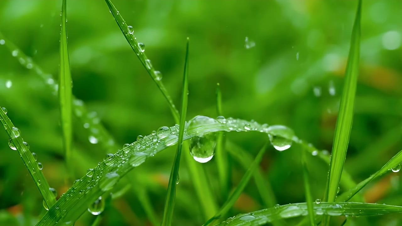 Raindrops Falling on Fresh Green Grass Blades