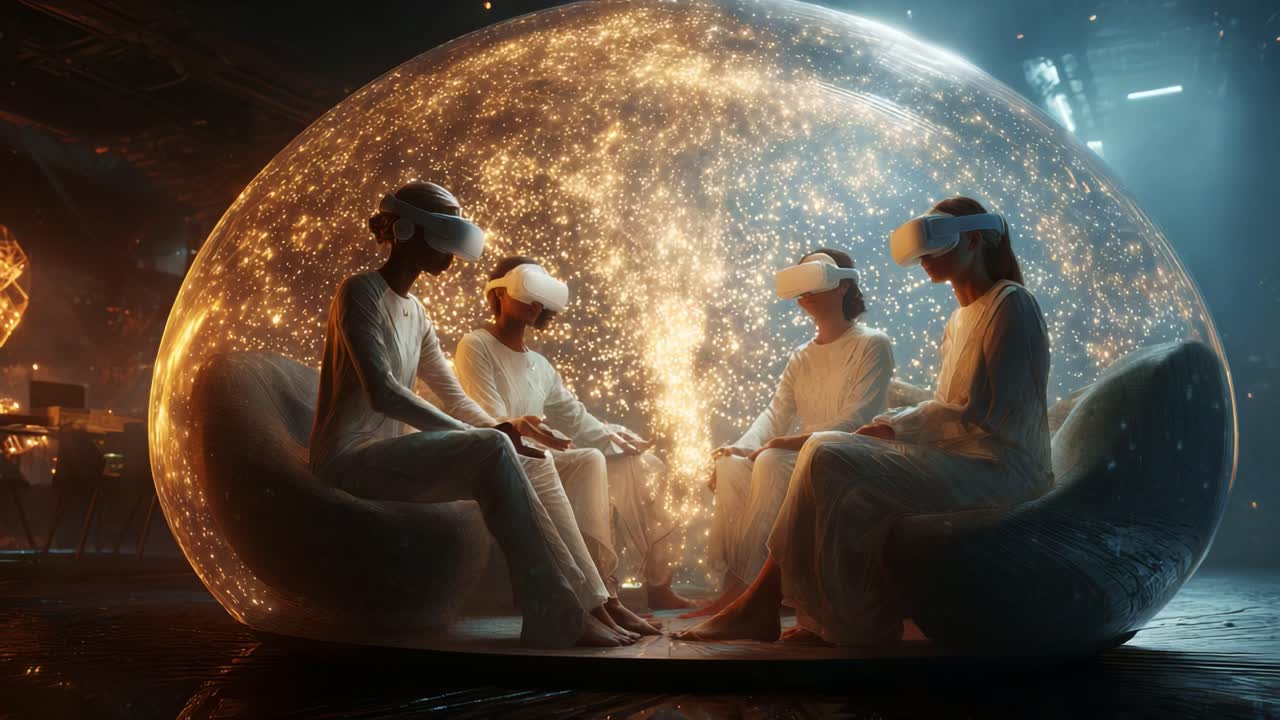 A mesmerizing journey into a futuristic virtual reality experience, featuring four individuals immersed in an imaginative world, connected within a luminous cocoon of cosmic energy