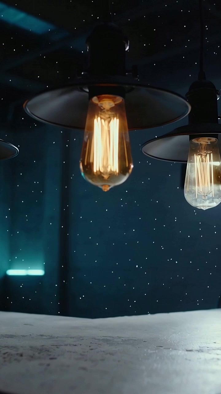 Vertical video: Glowing Edison filament bulb hanging over table, glass bulb right, specks drifting