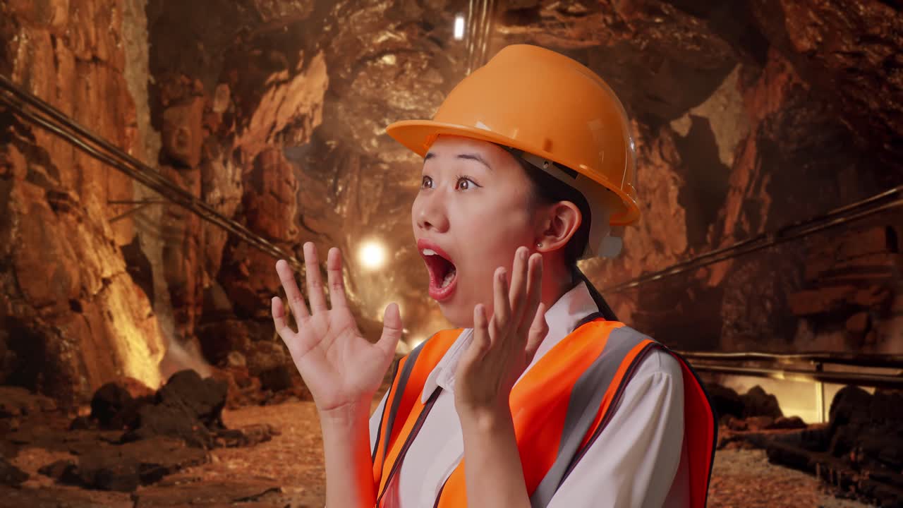 Surprised Woman Engineer in a Mining Tunnel