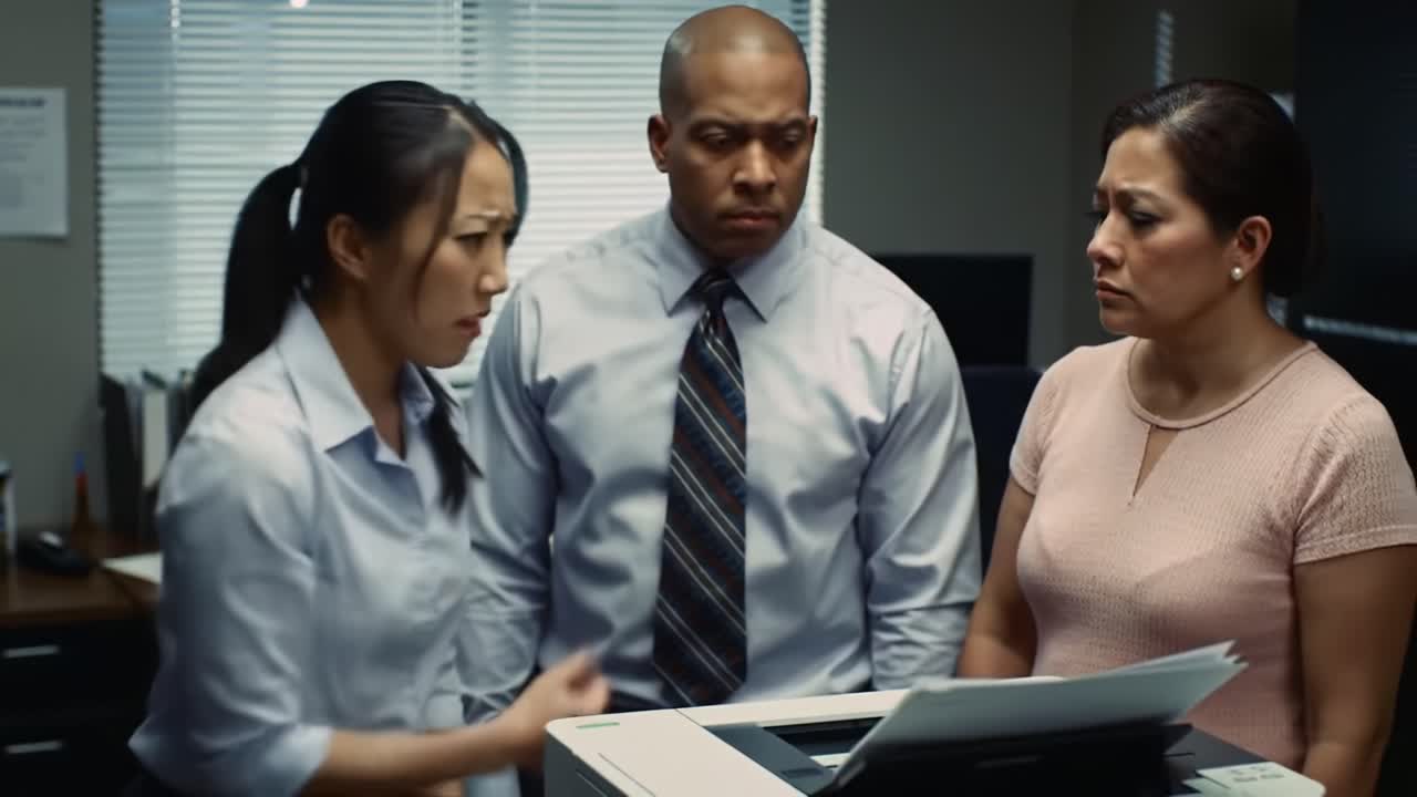 A group of coworkers faces frustration at their workplace due to a printer malfunction. Tensions rise as they express their concerns and try to find a solution together.