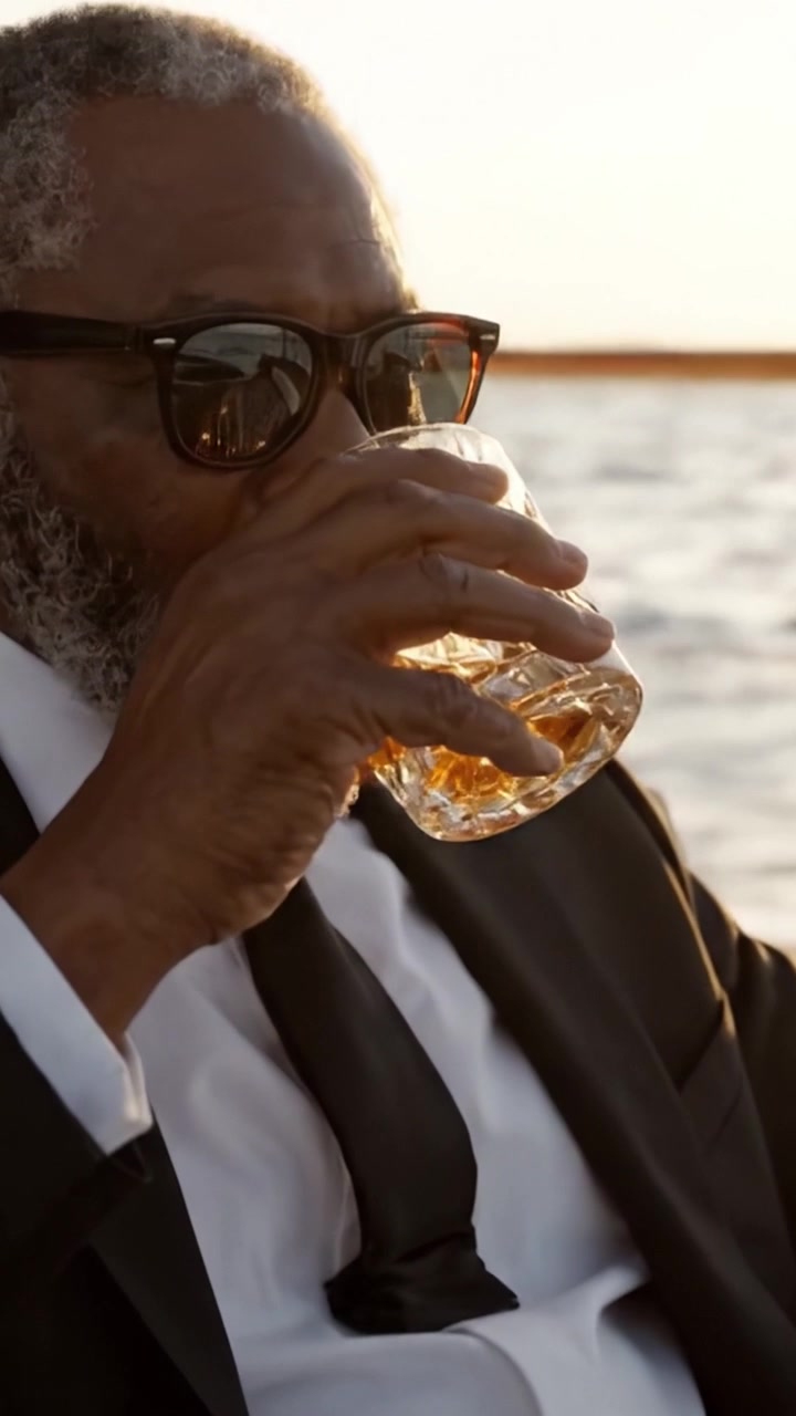 Un gentiluomo che si gode un bicchiere di whisky al tramonto sull'acqua, emanando eleganza e serenità in un momento senza tempo di riflessione e relax.