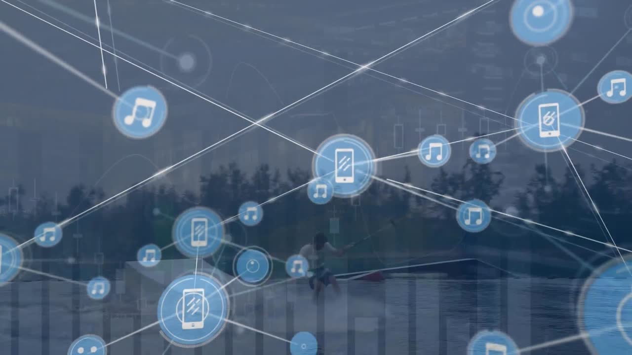 Animation of network of connections over cityscape
