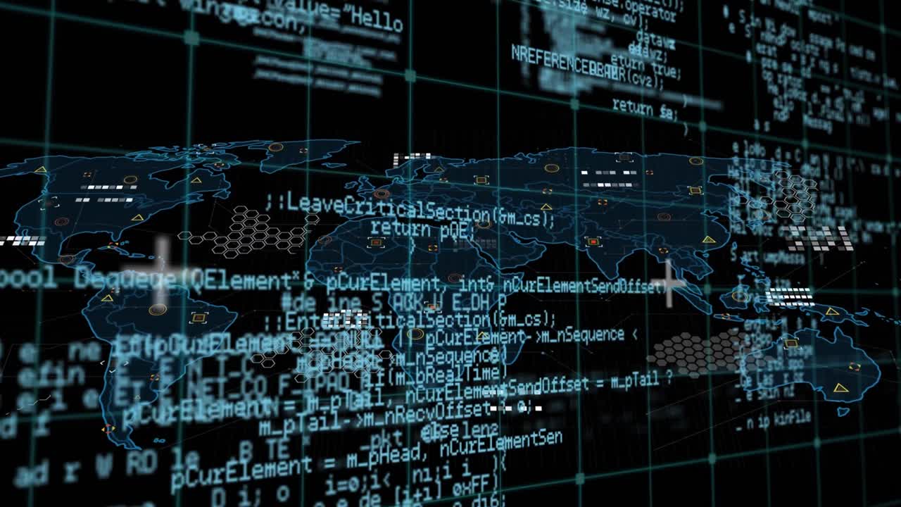 Animation of programming language and scientific formulas over map against black background