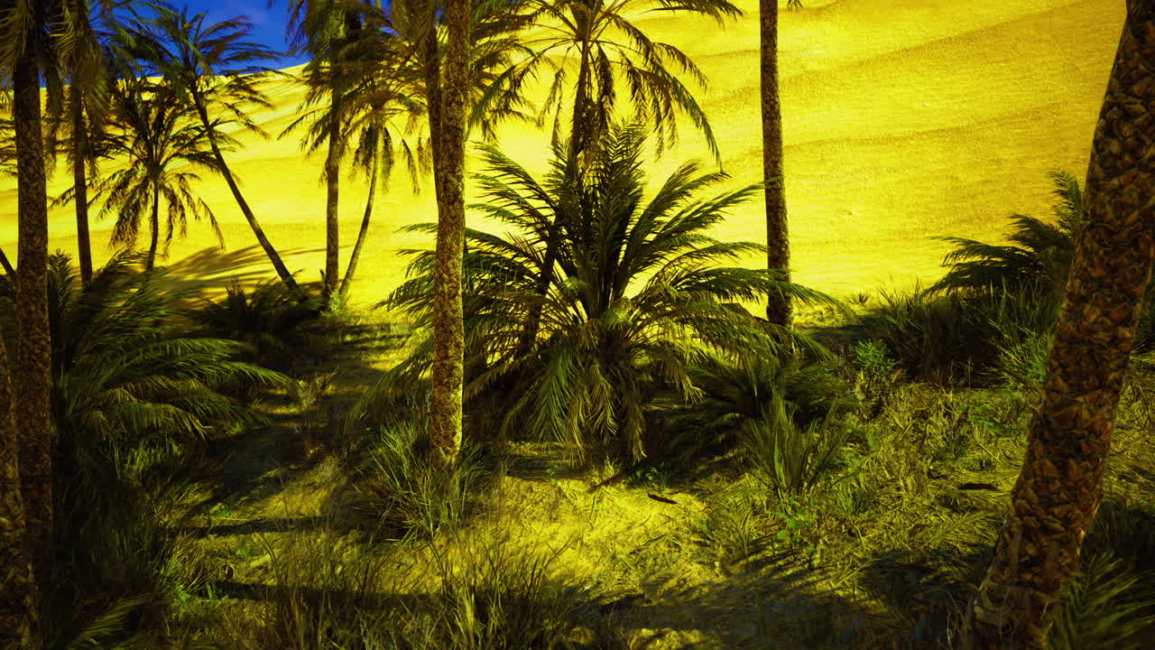 Lush oasis surrounded by golden sand dunes under bright blue sky