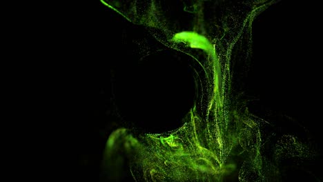 las partículas luminosas de 4k se mueven en el flujo líquido y tropezan con un campo de fuerza en el centro del cuadro que empujan las partículas, lugar para el texto o un logotipo. luma mate como canal alfa. verde 6