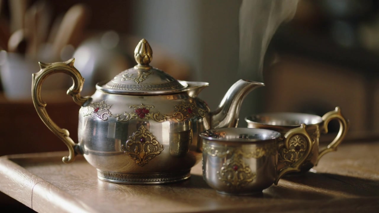 Warming liquid in ornate teapot, steam rising and curling over wooden table with creamer and sugar
