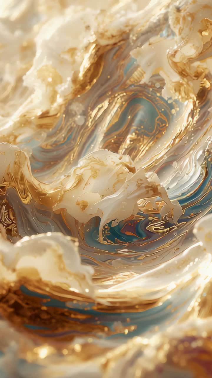 Vertical video: Rippling marbled mass shifting in macro as view tilts, showing gold flakes and teal