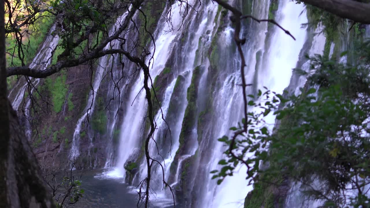 Una vista laterale delle cascate Burney che precipitano giù dalle rocce vulcaniche nel Parco Statale di Burney Falls nella Contea di Shasta.
