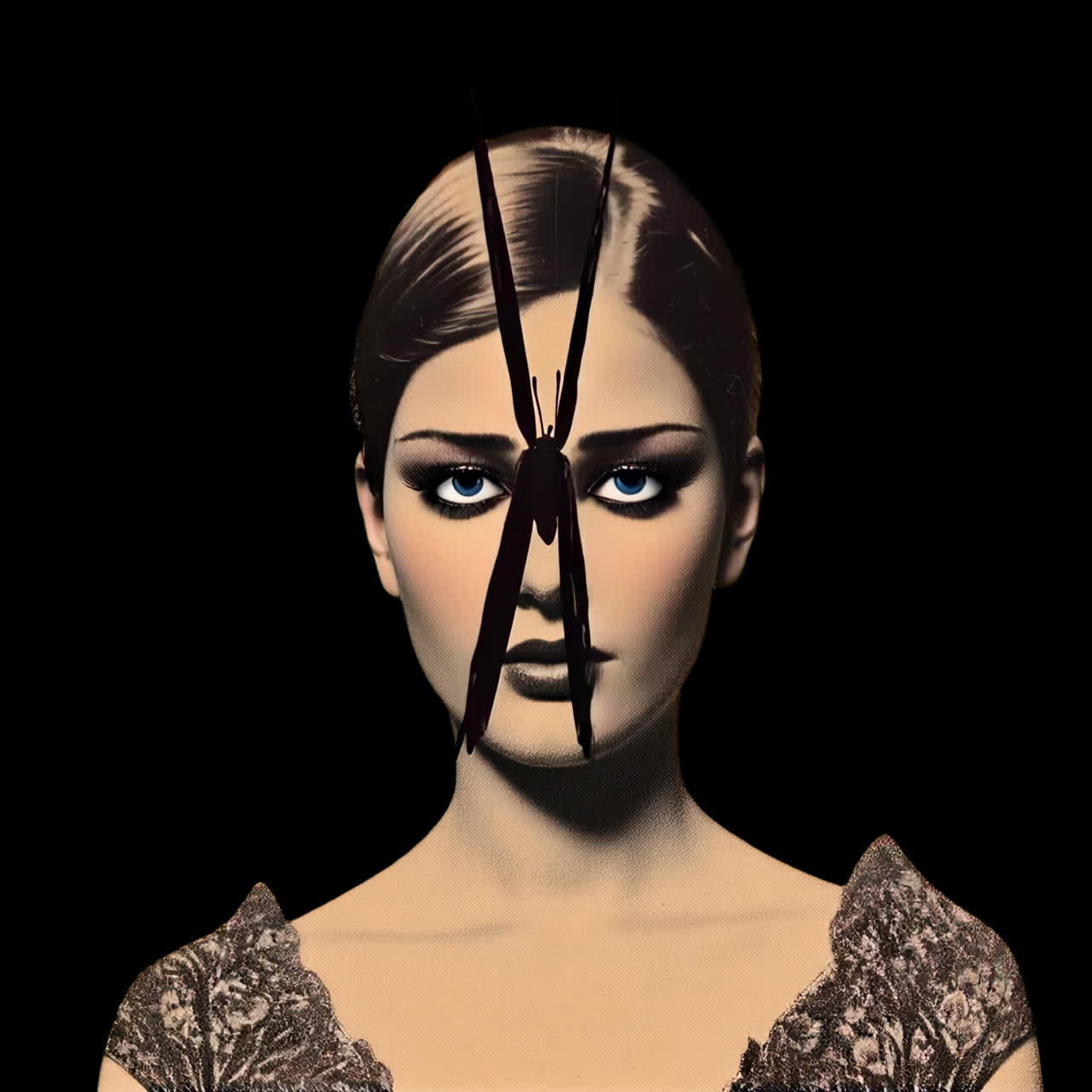 Animação surreal de arte facial de borboleta, recurso isolado, vídeo 4K transparente, canal alfa, ProRes