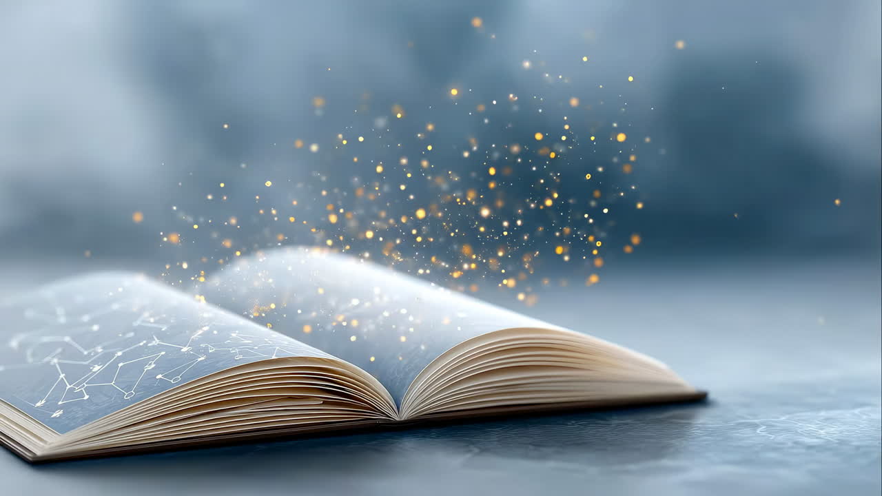 Un libro è aperto con pagine luminose. Un libro è aperto con pagine luminose. Scintille e luce emergono dal testo in un ambiente tranquillo