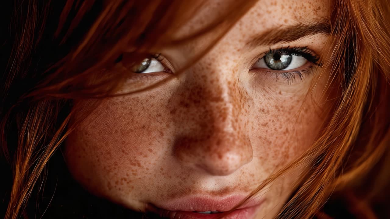 Captivating Close-Up of a Young Woman with Freckles and Striking Blue Eyes, Showcasing Her Natural Beauty and Expressive Features in a Warm, Inviting Atmosphere