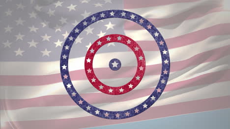 animation of circles spinning with american flag  stars and stripes over waving american background