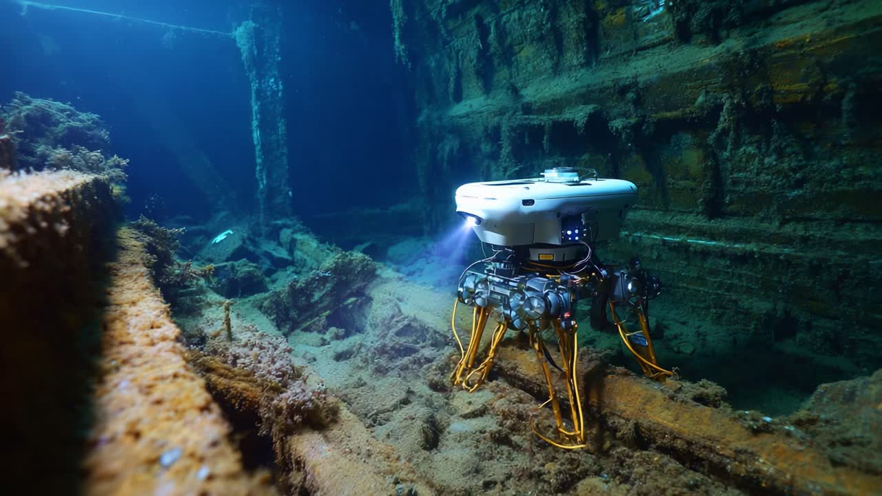Esplorando le profondità: un robot sottomarino ad alta tecnologia esplora un relitto in rovina circondato da fauna marina ed enigmatiche strutture oceaniche
