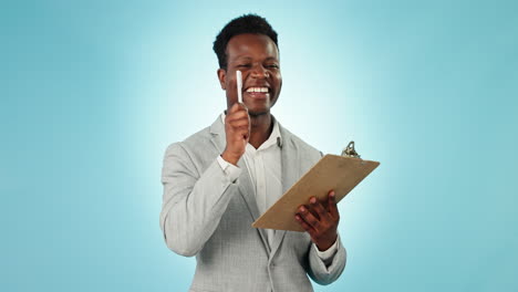 Thinking,-clipboard-and-black-man-with-business