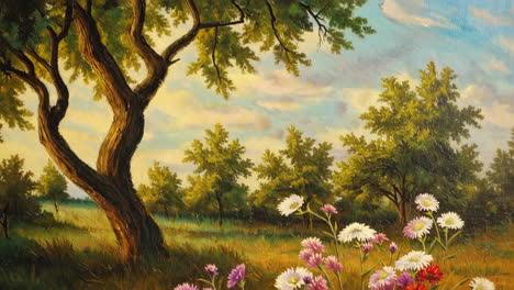 vibrant meadow landscape painting with wildflowers and trees