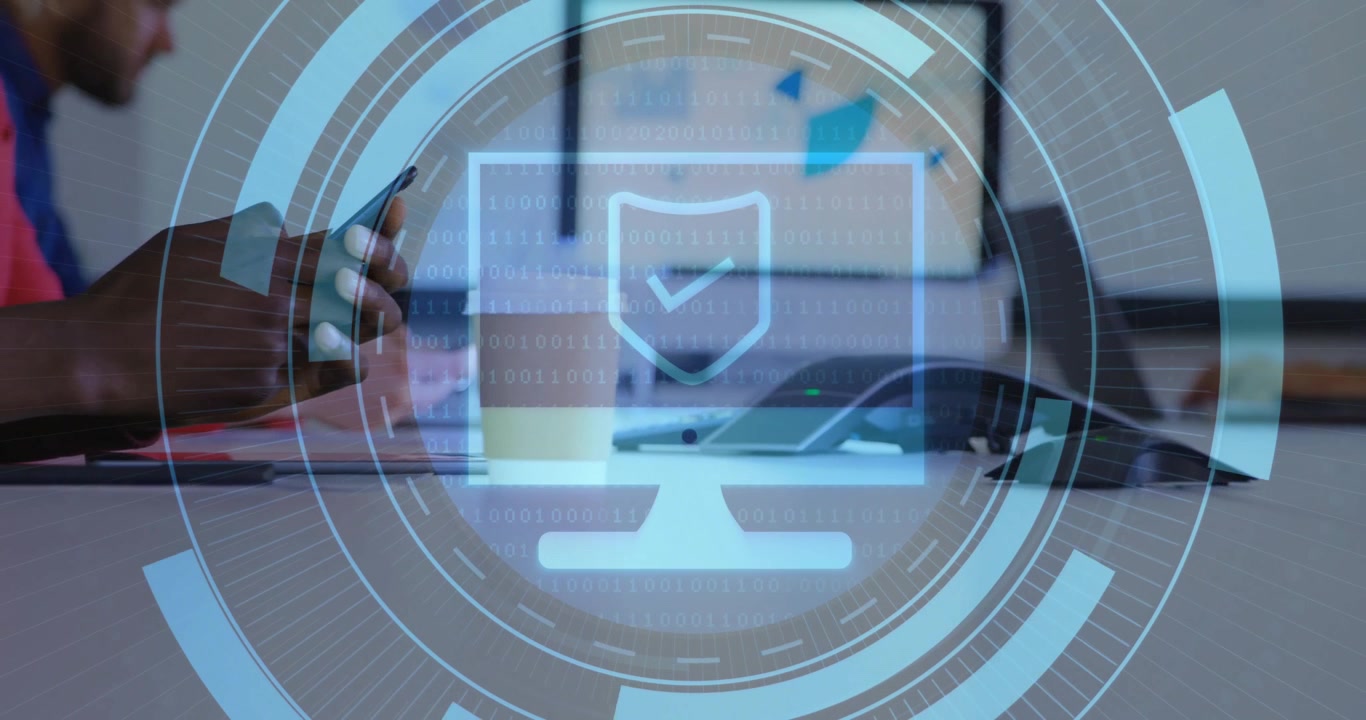 Man tapping smartphone upon holographic security shield appearance, enhancing business protection