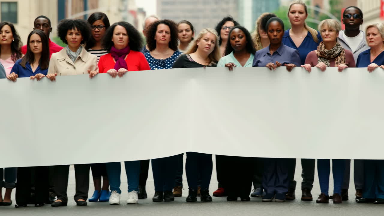 Diverse Group of People Holding a Blank Protest Banner on a City Street