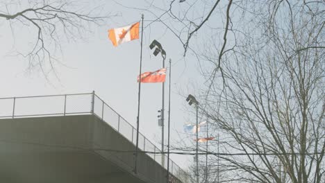 Canadian-Flags-Waving-In-The-Wind-On-Top-Of-A-Building