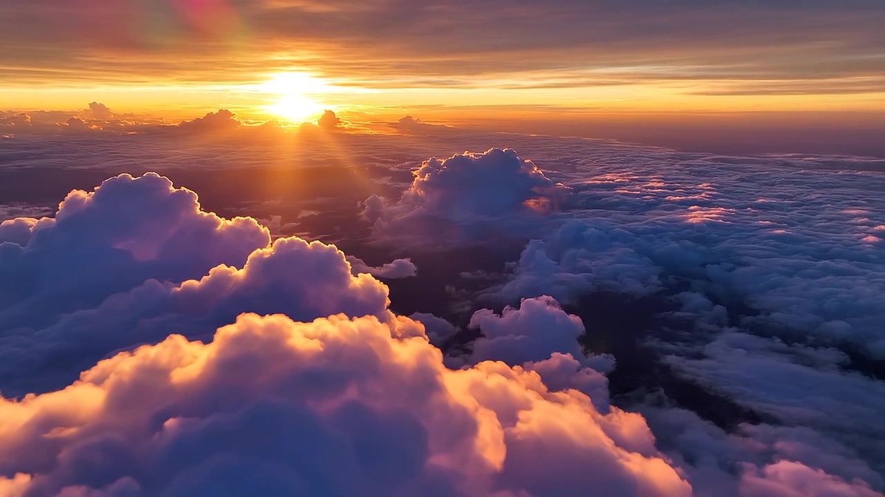 Pôr do sol dourado acima de um mar de nuvens brancas e fofas