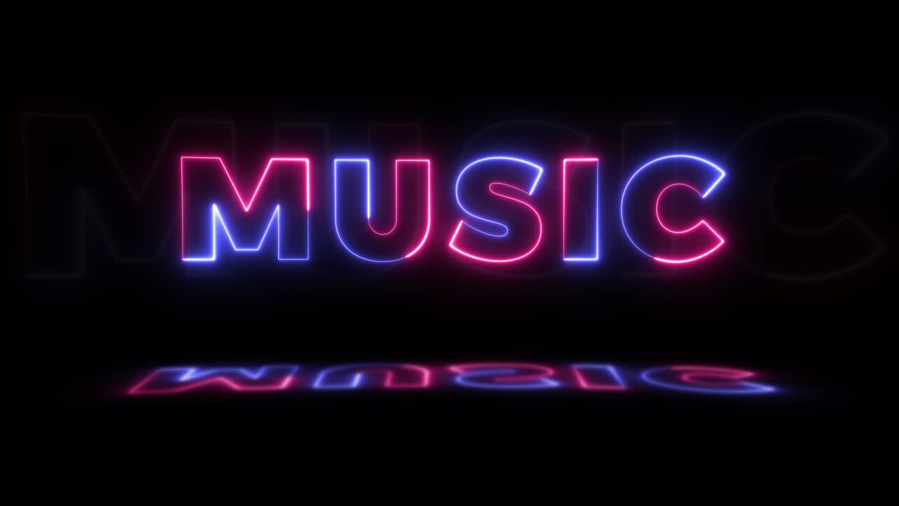 흑색 배경에 '음악'이라는 네온 빛나는 단어와 바닥에 반사되는 네온 빛의 표지판이 원활한 루프 모션 그래픽으로 표시됩니다.