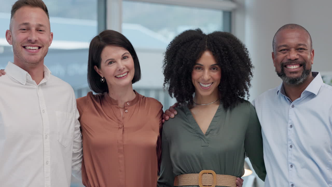 feliz, cara y equipo de personas de negocios