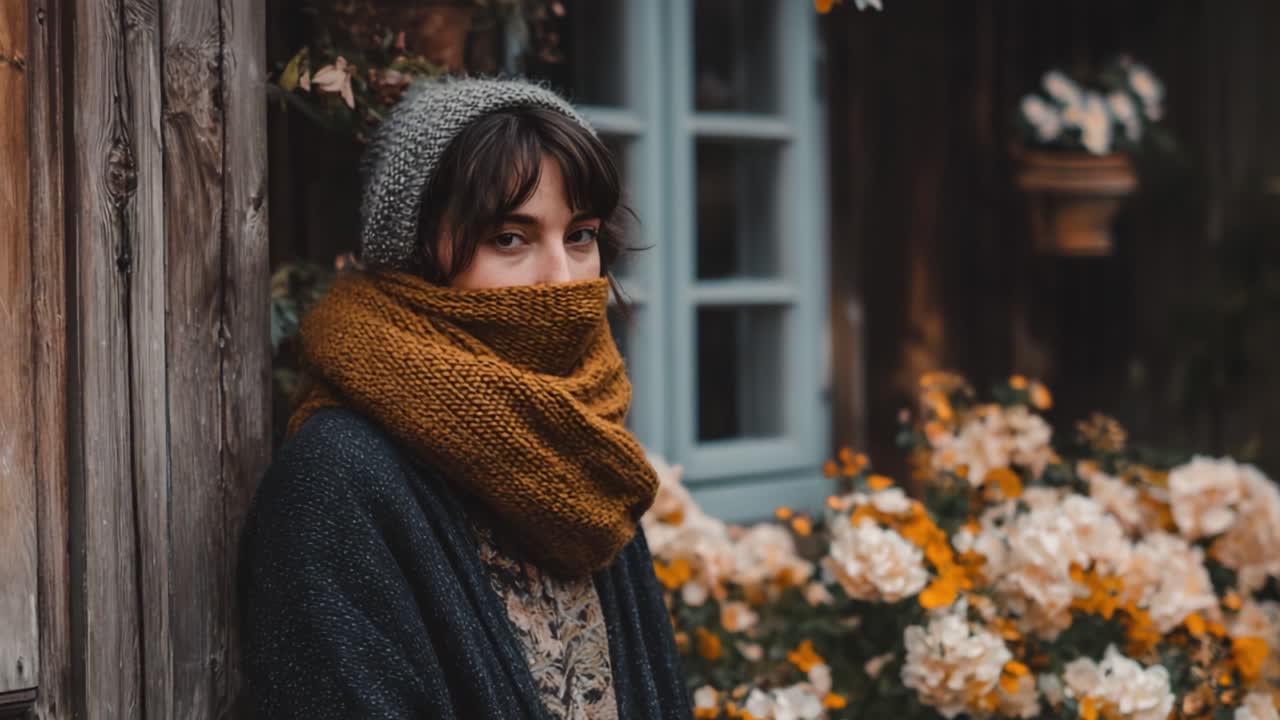 A young woman wrapped in a cozy scarf stands against a rustic backdrop, surrounded by vibrant flowers, exuding warmth and tranquility in a serene setting