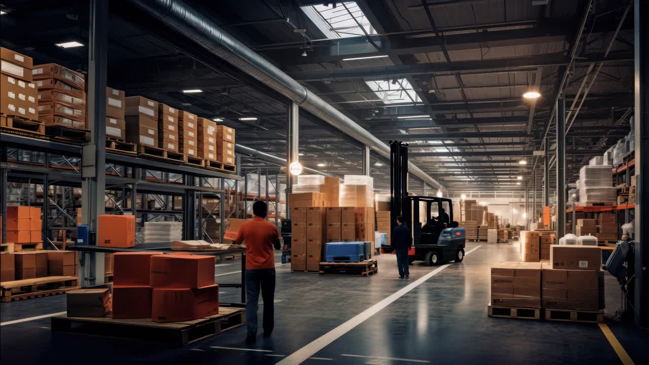 Wide-angle shot of a spacious warehouse with stacked boxes and a silhouette of a person