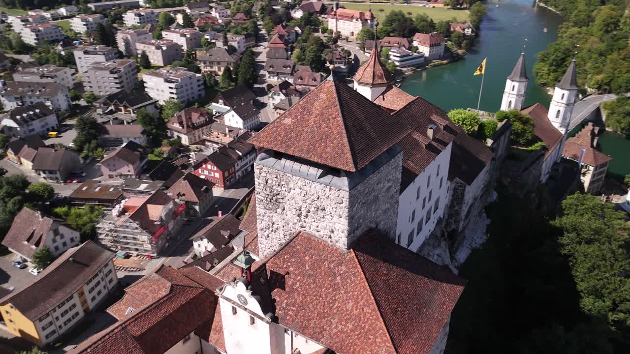 Aerial Swiss heritage site Aarburg medieval castle Switzerland reformed church