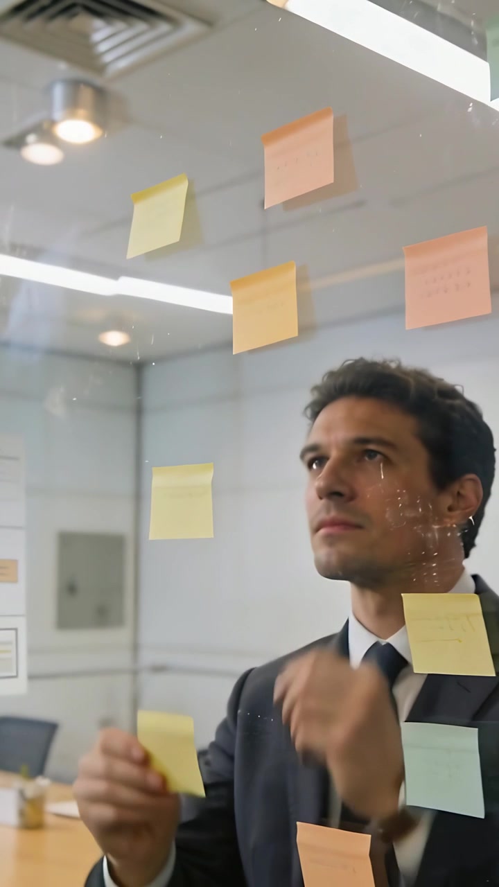 Vídeo vertical: Pressionando nota amarela no vidro, homem de terno escuro organizando notas laranja para layout