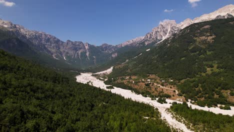 paradise mountain valley in remote area of alps in albania, surrounded by high peaks