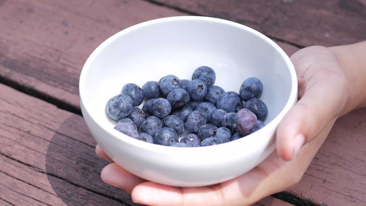 손으로 오멘 블루 베리를 그 ⁇ 에서 뽑습니다.