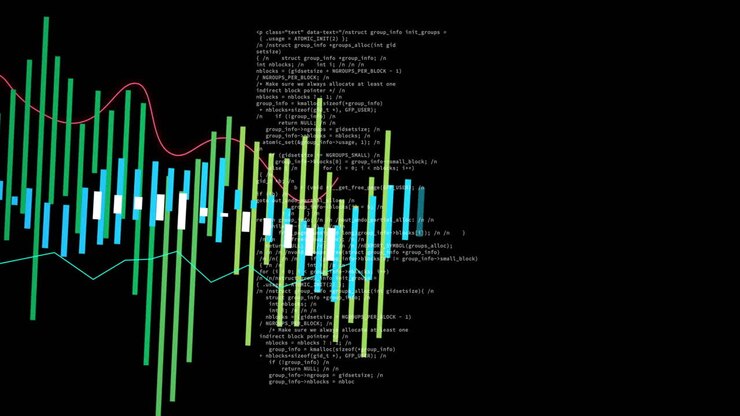 Abstract data visualization displaying bars with overlaid C code and pink and cyan line graphs