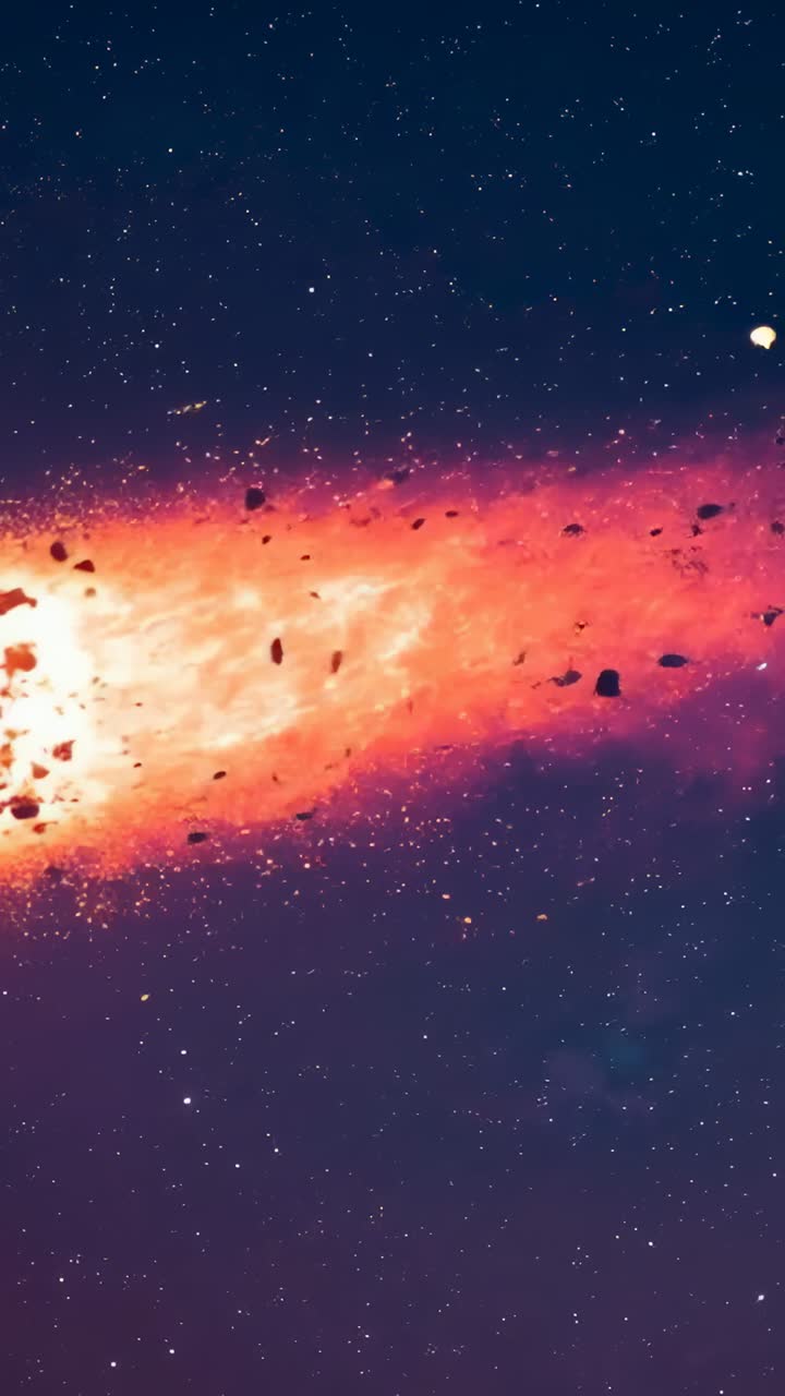 Vertical video: Entering left, orange comet racing losing debris leaving pink trail in space