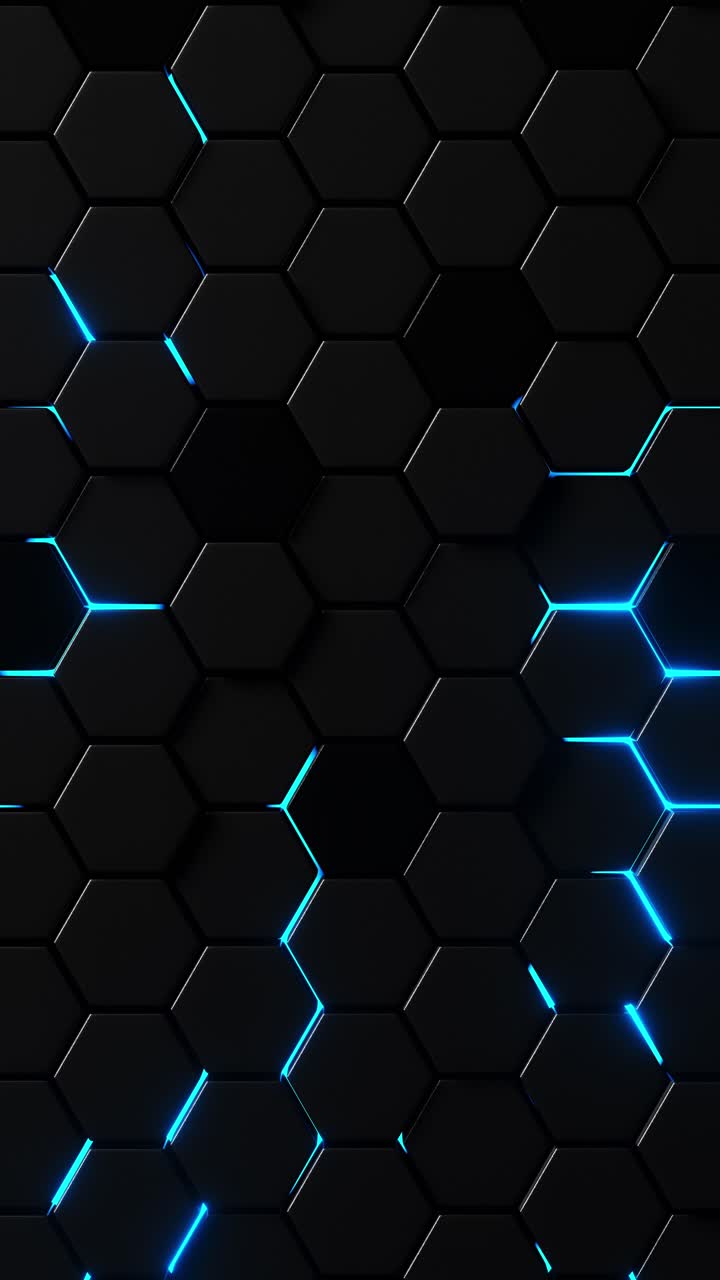 Moving hexagons illuminated in blue light. Vertical looped video