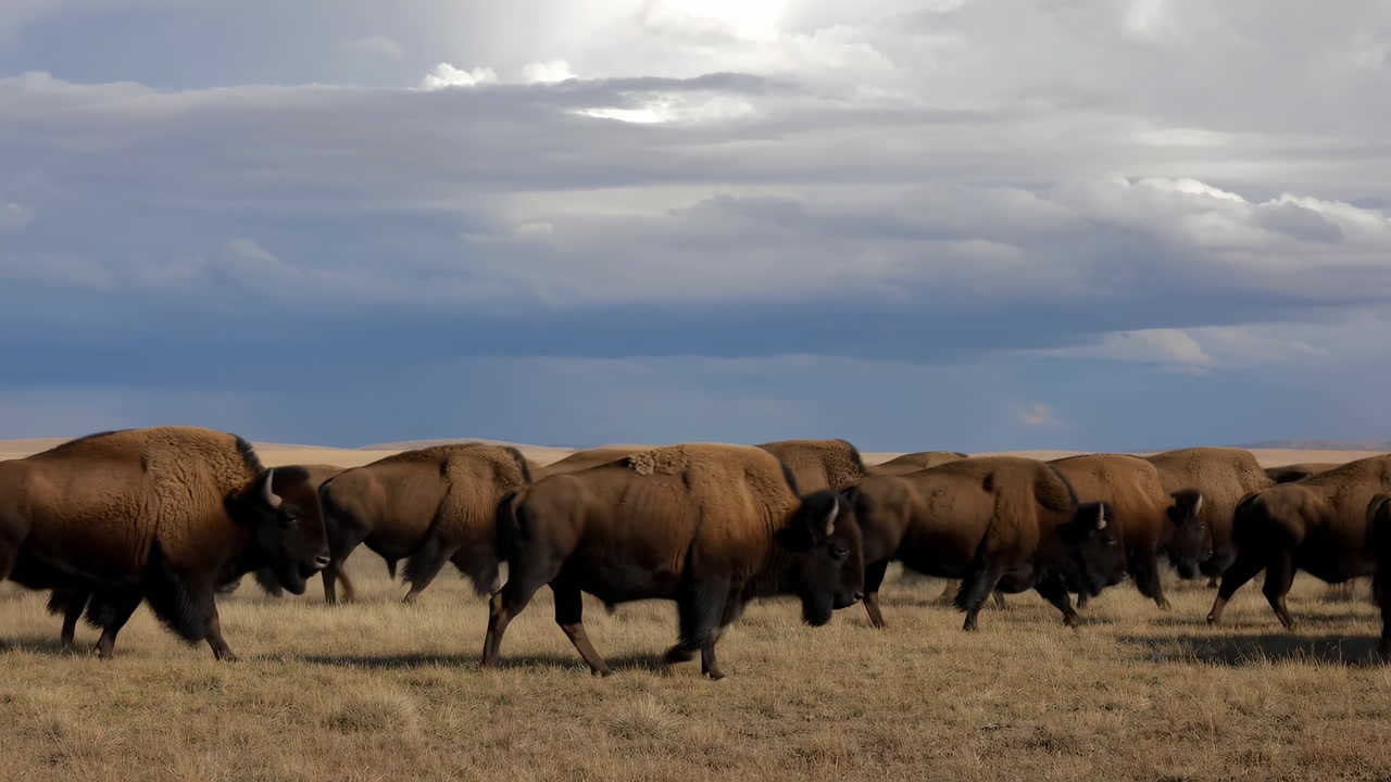 Bison Herd Walking Across Prairie Under Ominous Storm Clouds, Golden Grass Swaying, Slow Cinematic Tracking