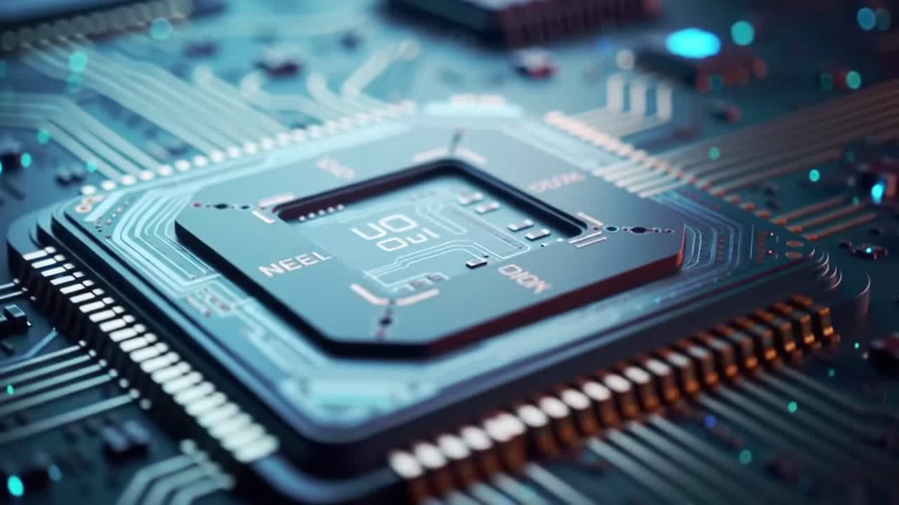 This captivating exploration showcases a close-up view of a modern computer chip, highlighting its detailed circuitry and intricate design. It reveals the complexity and innovation in technology.