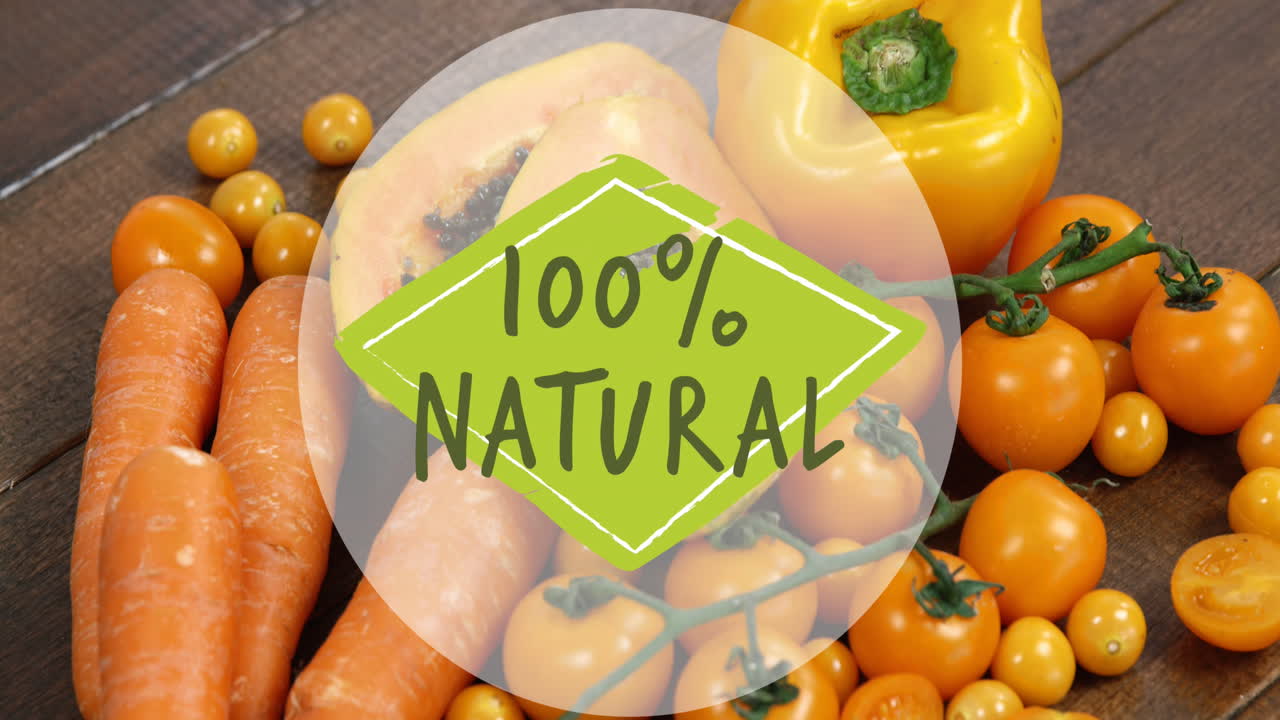 신선한 노란색과 오렌지색 채소 위에 채식주의 텍스트의 애니메이션