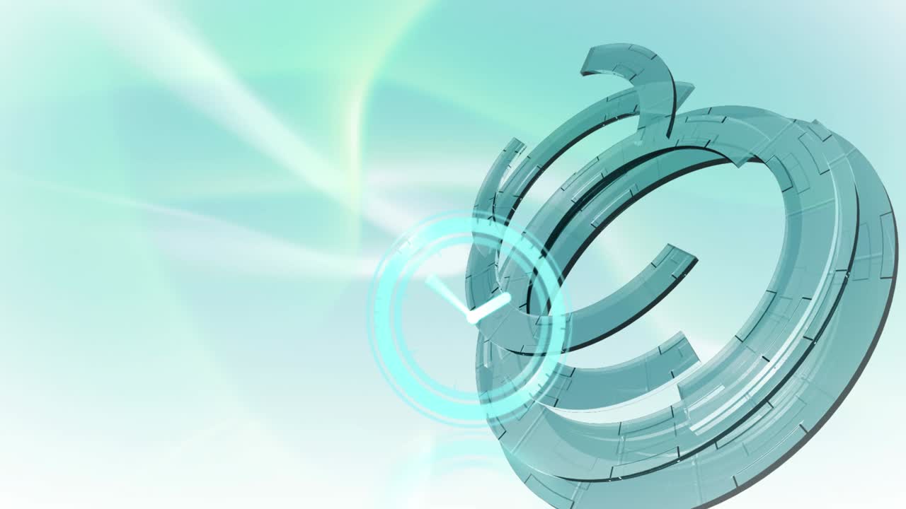 네온 디지털 시계의 디지털 애니메이션이 파란색 배경의 둥근 스캐너에 맞춰 틱하고 있습니다.